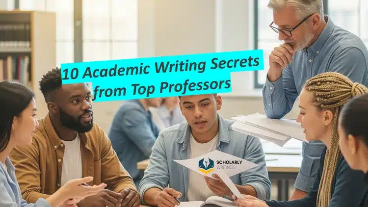 University professor teaching academic writing tips to diverse students in library
